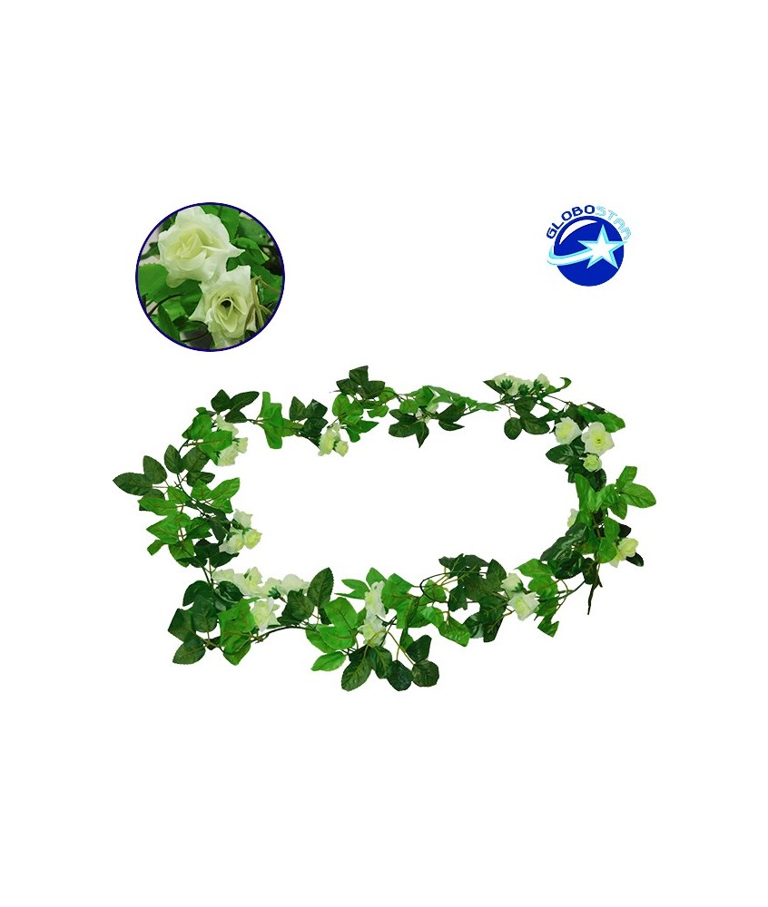 GloboStar® 09019 Τεχνητό Κρεμαστό Φυτό Διακοσμητική Γιρλάντα Μήκους 2.2 μέτρων με 33 X Μικρά Τριαντάφυλλα Πράσινα Λευκά